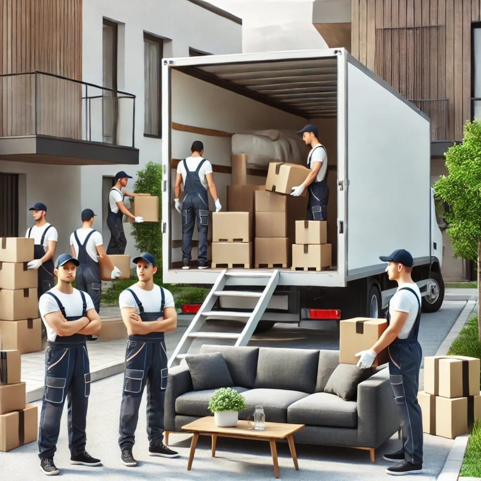 Moving team unloading boxes outdoors.