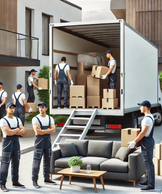 Moving team unloading boxes outdoors.